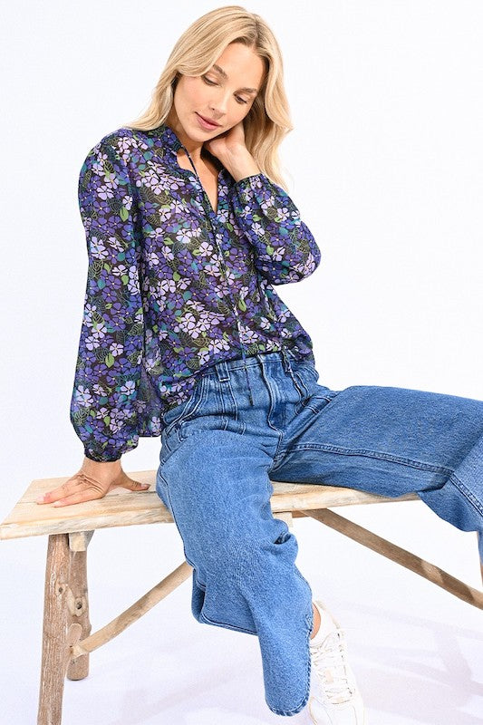 Fall Floral Print Puff Sleeve Blouse