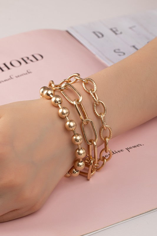 Three Row Chunky Chain and Ball Chain Bracelet