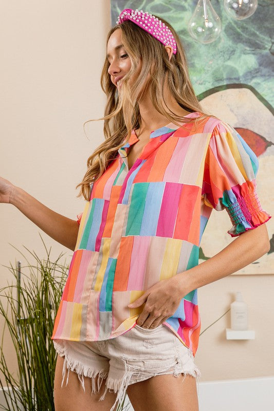 Print V Neck Blouse with Smocked Sleeves
