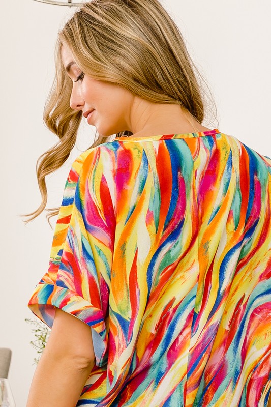 Print V Neck Blouse with Rolled Sleeves