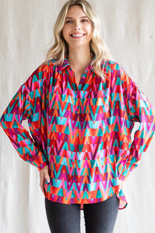 Print Button Up Long Sleeve Top