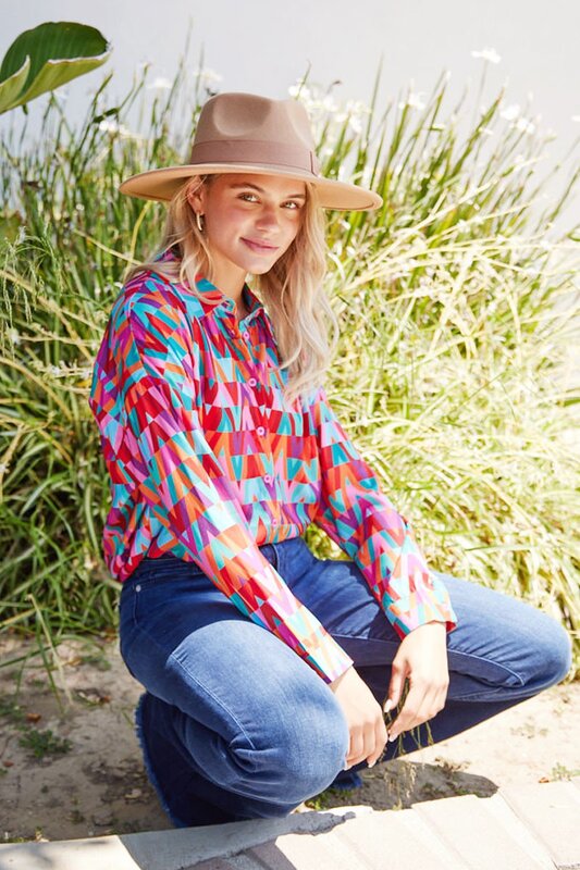 Print Button Up Long Sleeve Top
