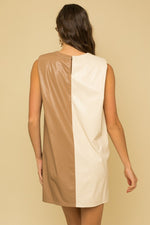 Color Block Faux Leather Power Shoulder Dress