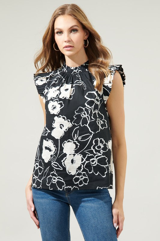 Fabienne Floral Gabrielle Mock Neck Poplin Top