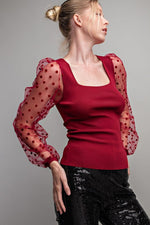 Square Neck with Sheer Polka Dot Sleeves
