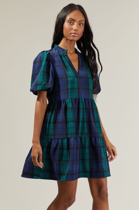 Hudson Plaid Jacey Babydoll Eyelet Mini Dress