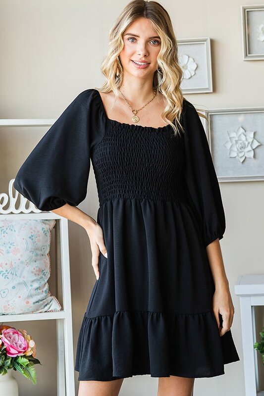 Solid Color Smocked Chest 3/4 Sleeve Woven Dress