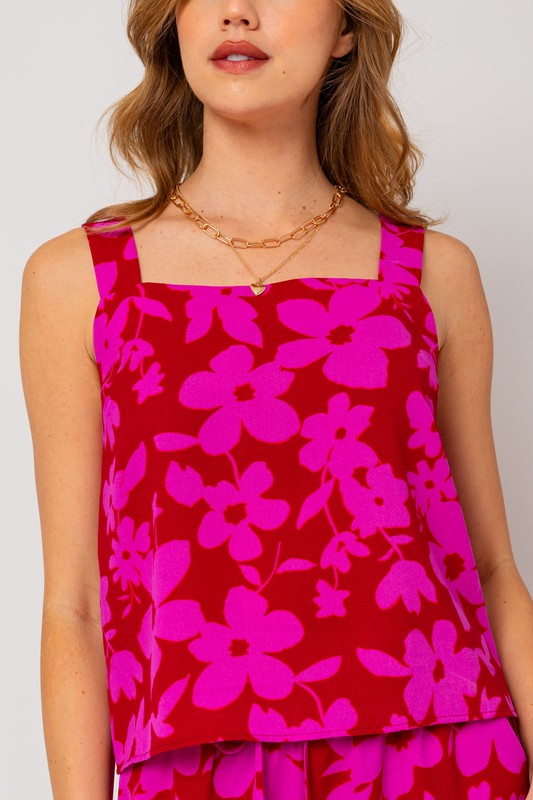 Sleeveless Square Neck Floral Print Top