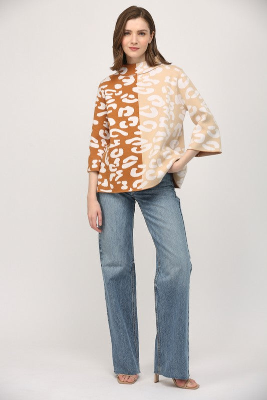 Colorblock Animal Pattern Mock Neck Sweater