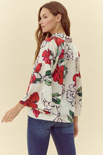 Satin Flower Print 3/4 Sleeves Top