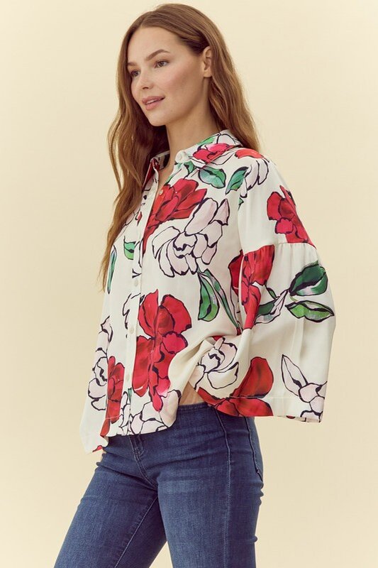 Satin Flower Print 3/4 Sleeves Top