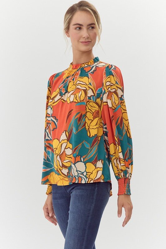 Flower Print Bubble Sleeve Top