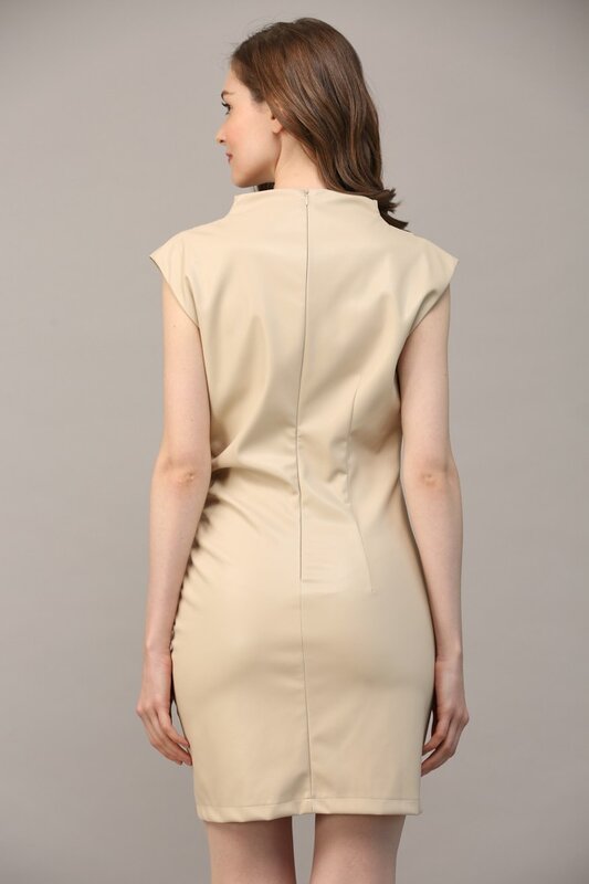 Ruched Detail Cowl Neck Faux Leather Dress