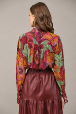 Print Chiffon Standing Collar Button Down Blouse