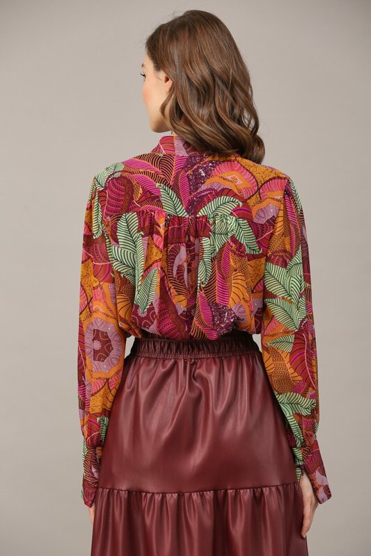 Print Chiffon Standing Collar Button Down Blouse