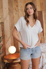 Raw Edge V Neck Extended Short Sleeve Knit Top