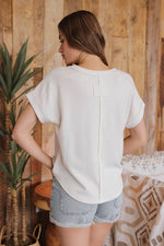 Raw Edge V Neck Extended Short Sleeve Knit Top