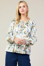 Floral Print Pleated Blouse With Smocked Cuff