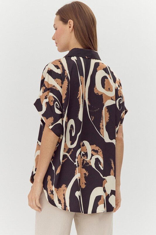 Swirl Print Collared Button-Up Top