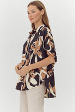 Swirl Print Collared Button-Up Top