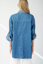 Mineral Washed Pinstripe Color Block Shirt Denim