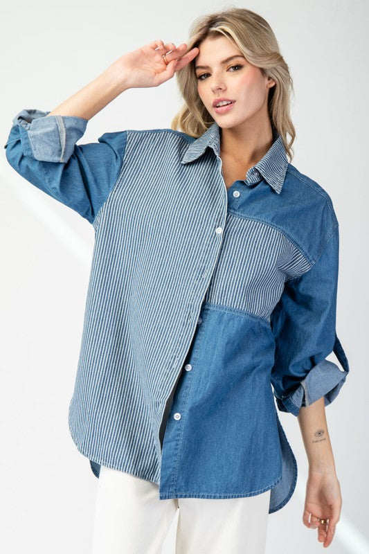 Mineral Washed Pinstripe Color Block Shirt Denim