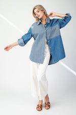 Mineral Washed Pinstripe Color Block Shirt Denim