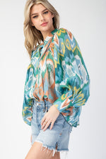 Print Bubble Sleeve Blouse