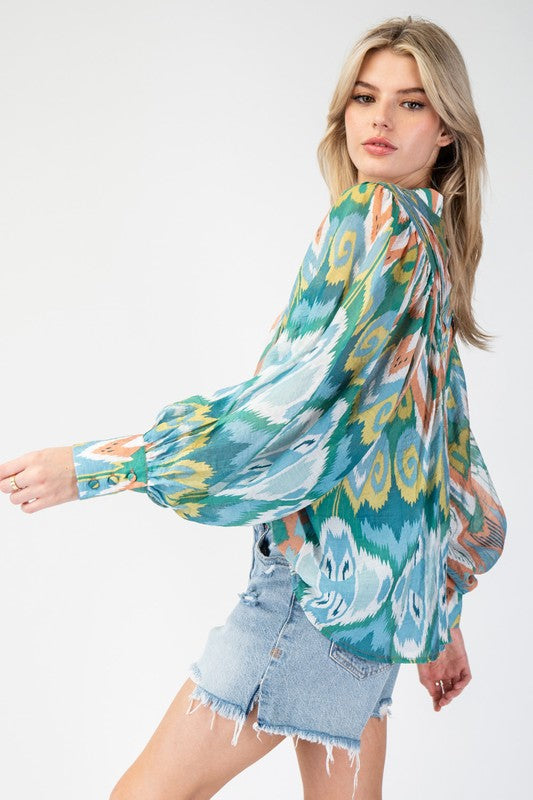 Print Bubble Sleeve Blouse