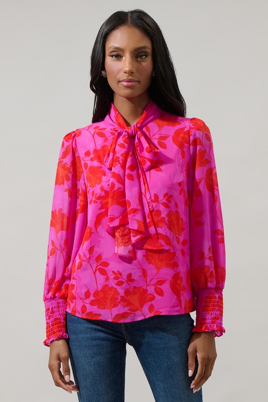 Kensie Floral Etienne Tie Neck Blouse