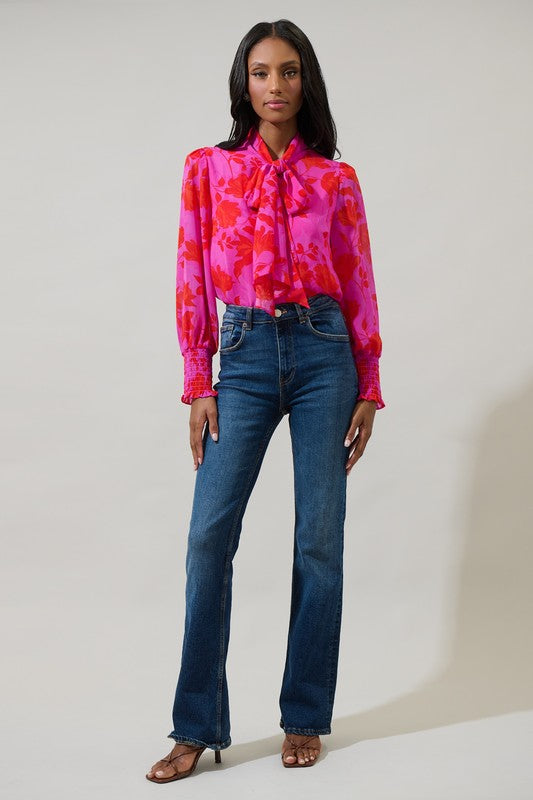 Kensie Floral Etienne Tie Neck Blouse