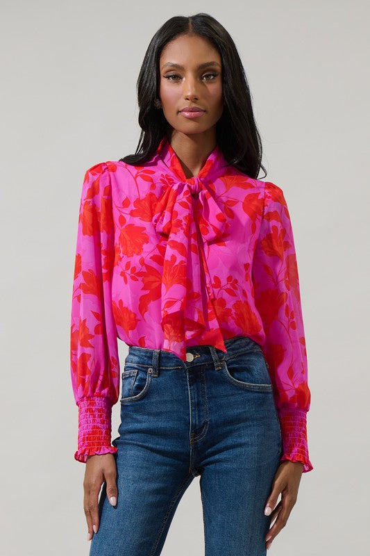 Kensie Floral Etienne Tie Neck Blouse