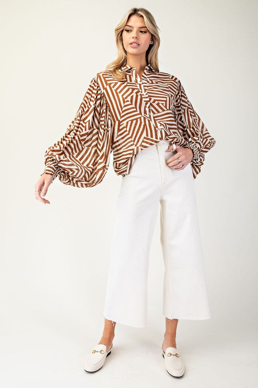 Printed Bubble Sleeve Button Down Top