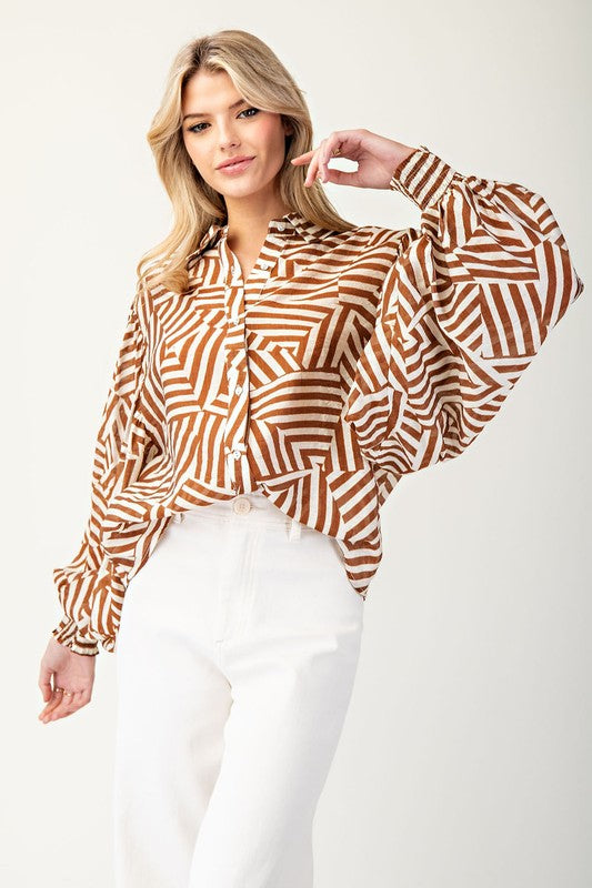 Printed Bubble Sleeve Button Down Top