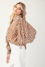 Printed Bubble Sleeve Button Down Top