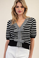 Striped V-Neck Short Sleeve Knit Cardigan