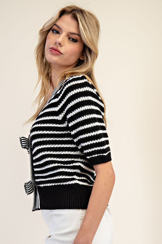 Striped V-Neck Short Sleeve Knit Cardigan