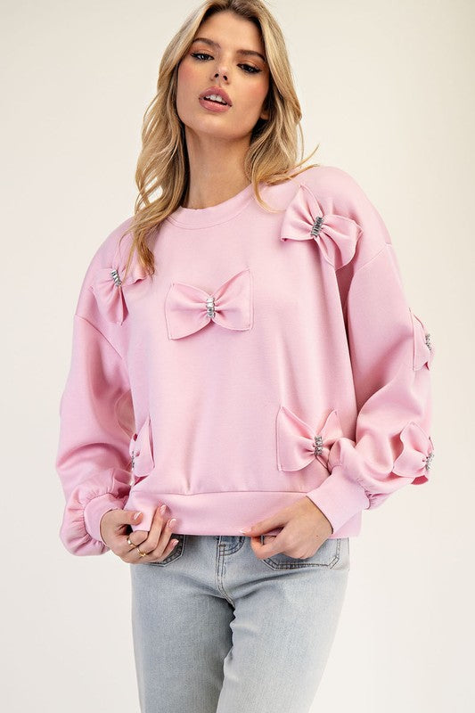 3D Rhinestone Bow Long Sleeve Top