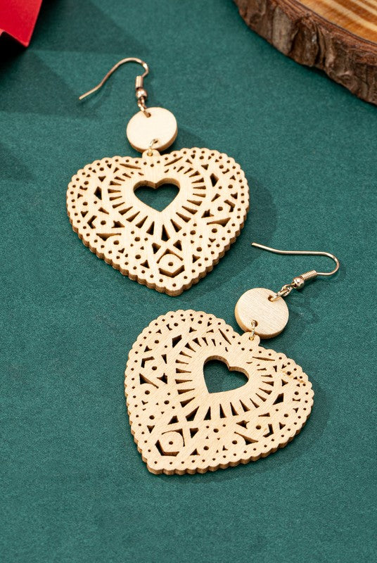 Openwork Heart Shape Wood Drop Earrings