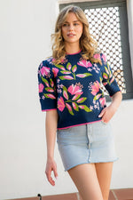 Floral Knit Short Sleeve Sweater