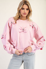 3D Rhinestone Bow Long Sleeve Top