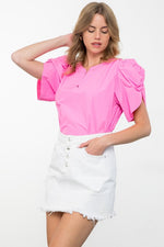 Notched Neck Puff Short Sleeve Top
