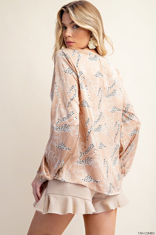 Chic Satin Printed Long Bubble Sleeve Top