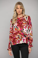 Abstract Print Lace Insert Peasant Top