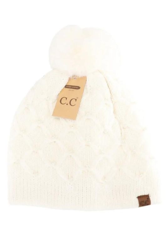 Allover Pearl Crochet C.C Faux Fur Pom Beanie