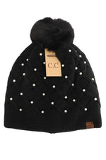 Allover Pearl Crochet C.C Faux Fur Pom Beanie