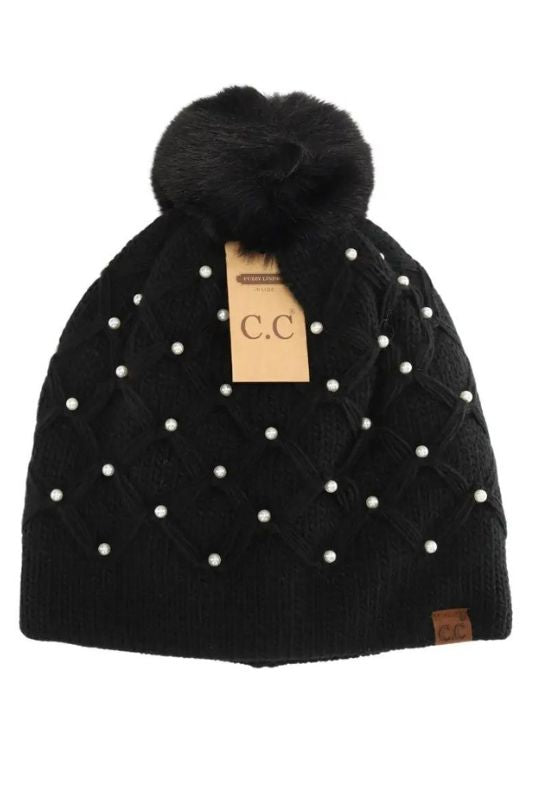 Allover Pearl Crochet C.C Faux Fur Pom Beanie