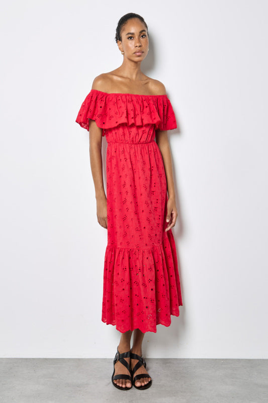 bardot tiered maxi dress Apricot Broderie Bardot Tiered Detail Maxi Dress