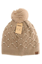 Allover Pearl Crochet C.C Faux Fur Pom Beanie