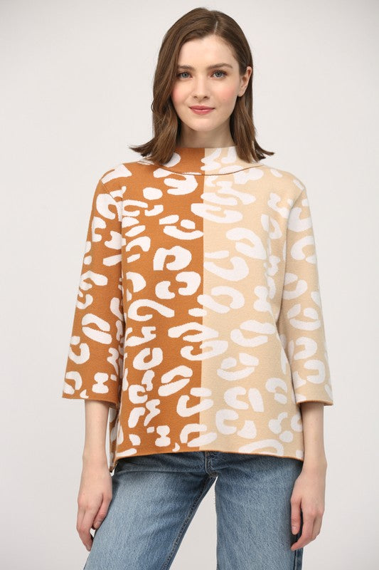 Colorblock Animal Pattern Mock Neck Sweater